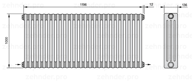 Схема (чертеж) Радиатор Zehnder Charleston 4100/26 №2670 Белый глянцевый RAL 9016